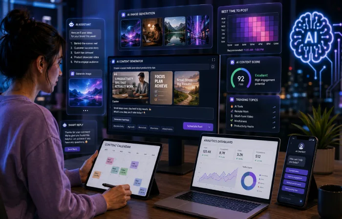 AI tools helping with social media content creation and analytics