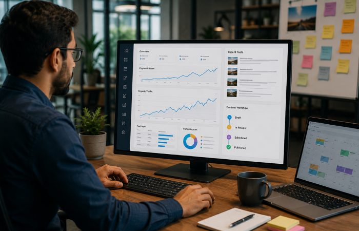 SEO blogging workflow with content publishing and traffic analytics