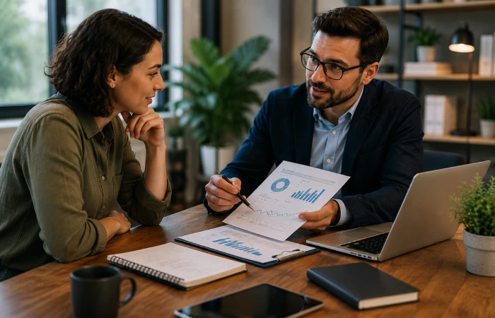 Small business receiving marketing consulting guidance
