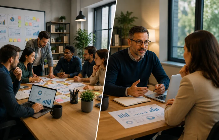 Marketing agency team and independent consultant serving clients in different ways