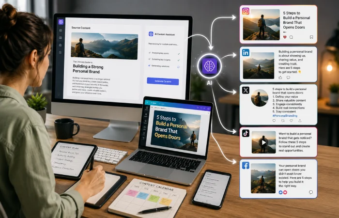 Content creator transforming one long-form asset into multiple social media formats