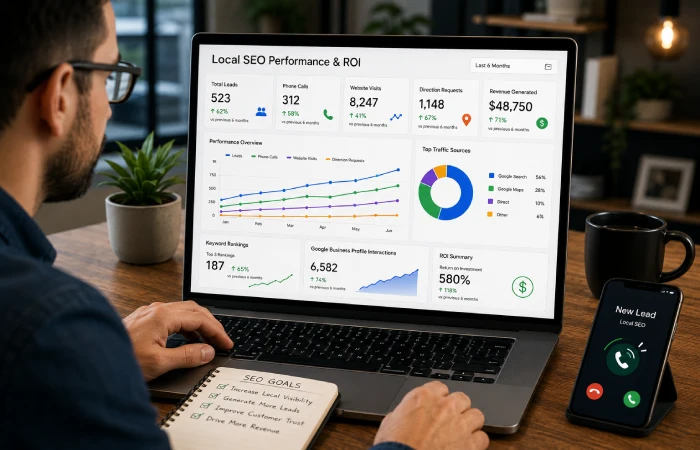 Modern search environment showing AI-powered search tools, local business discovery, and digital marketing analytics