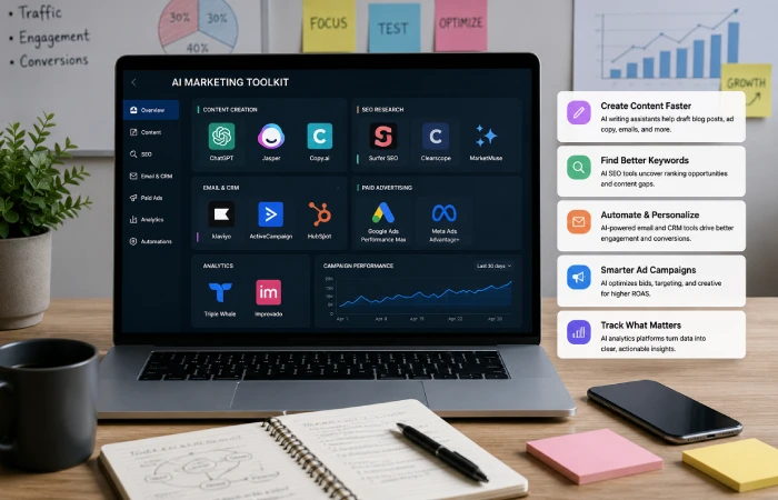 Multiple AI marketing platforms displayed on a workspace with analytics and campaign data