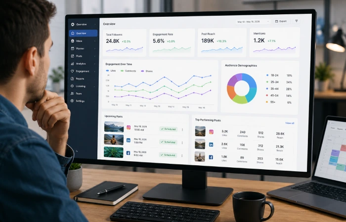 Professional reviewing a unified social media management dashboard with analytics and scheduling tools