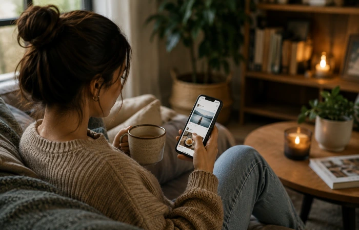 Person casually browsing social content in a relaxed environment without influencer-style production