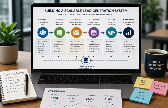 Marketing automation workflow connecting lead capture, nurturing, tracking, and sales follow-up processes
