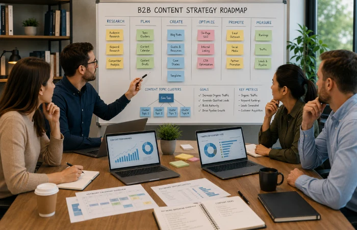 Editorial and SEO team collaborating on a structured content calendar and topic roadmap