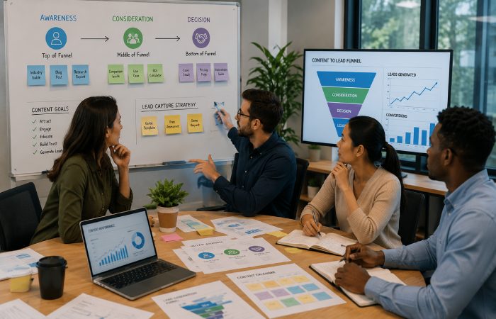 Marketing team reviewing content assets, customer journey maps, and lead conversion pathways