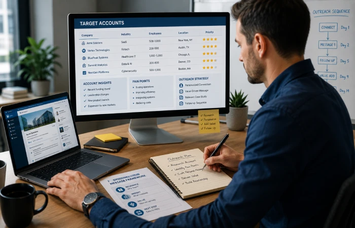 Business professional researching target accounts and planning personalized outreach campaigns
