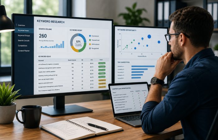 SEO specialist analyzing keyword data, search intent metrics, and content opportunities on multiple screens