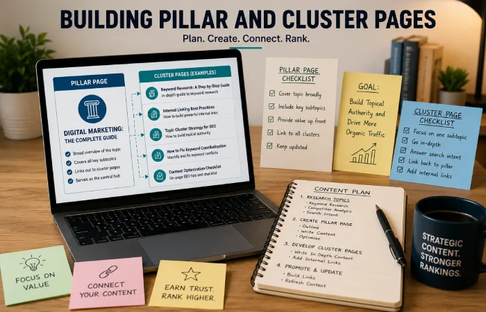 SEO professional planning content topics on a desk with laptop and notes