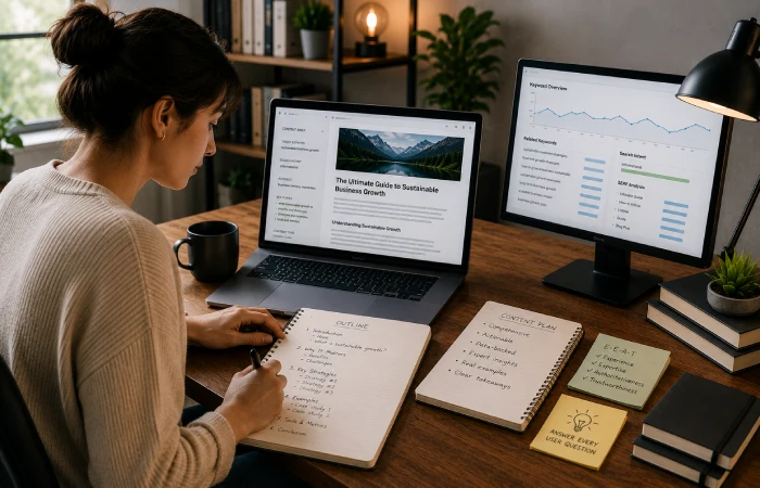 Marketing team analyzing business growth and lead generation results from content marketing efforts