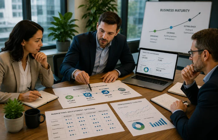Business leaders evaluating marketing support options at different growth stages