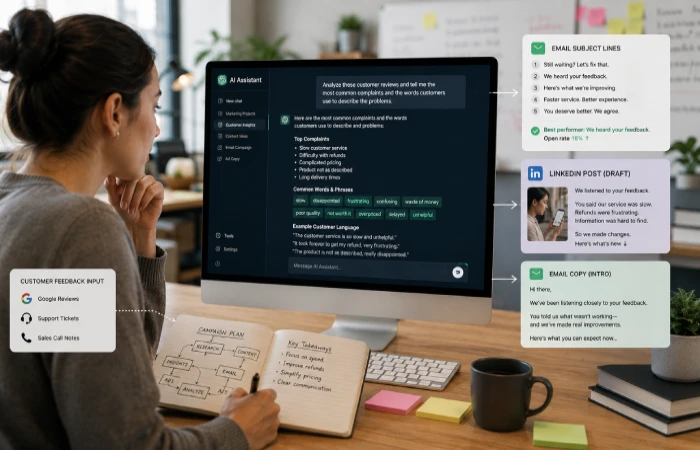 Marketing professional using an AI assistant to analyze customer feedback and create campaign content