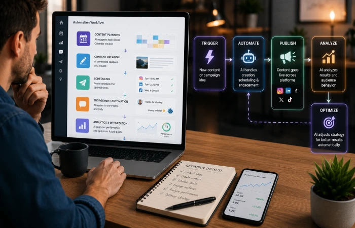 Digital marketer brainstorming content ideas with an AI assistant on a laptop