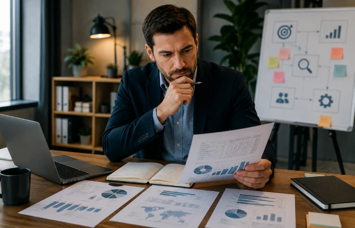 Business decision-maker evaluating marketing growth plans with strategic documents and performance reports