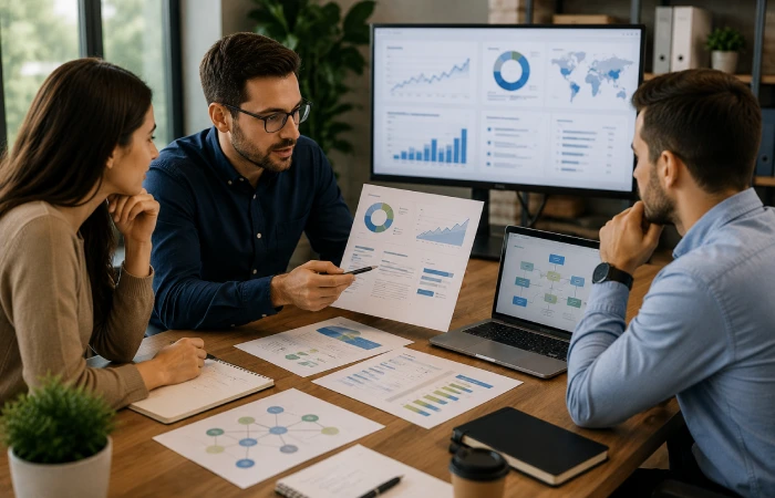 Marketing professionals evaluating content strategy and SEO performance data