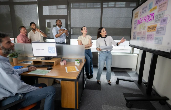 Marketing team reviewing content strategy and website copy in a modern office