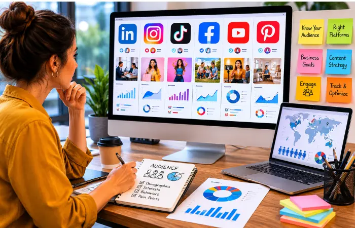 Marketing professional reviewing social media platforms and audience strategy on multiple screens