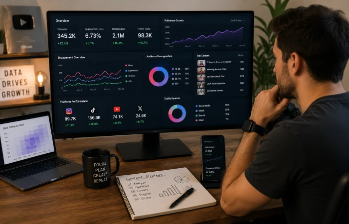 Content creator planning posts and managing a publishing calendar across social platforms