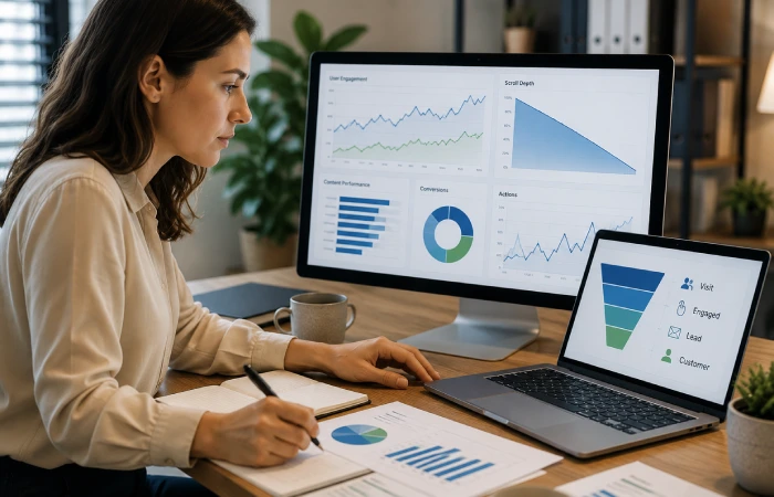 Digital marketer reviewing user engagement, conversion funnels, and content performance analytics
