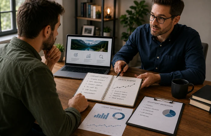 Content team repurposing blog content into multiple marketing formats and channels