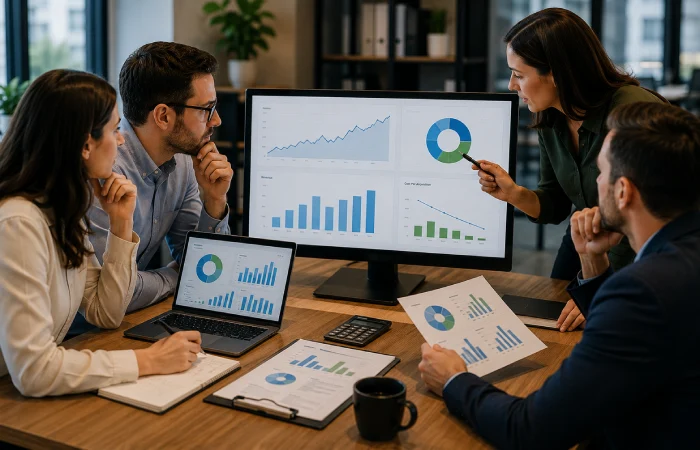 Executive team evaluating marketing ROI, customer acquisition costs, and revenue attribution data