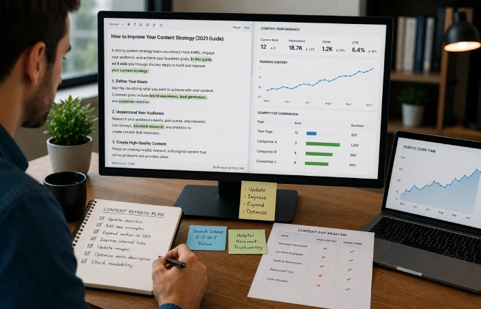 Content strategist updating an existing webpage while comparing rankings and competitor content research