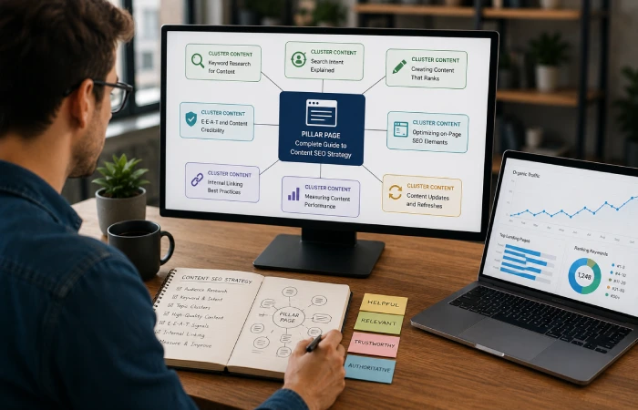 Content strategist planning interconnected website articles and topic clusters