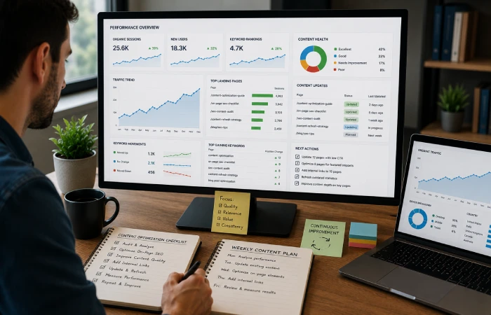 SEO team monitoring content performance trends and making ongoing optimization decisions from analytics dashboards