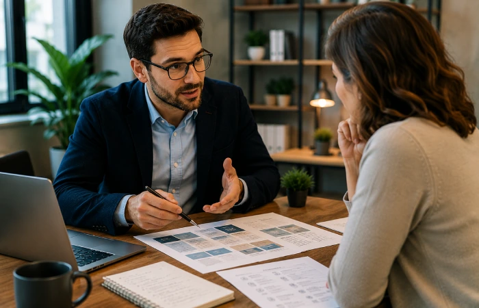 Marketing consultant discussing conversion-focused content strategy
