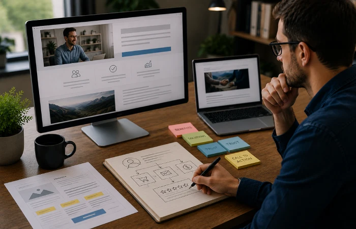Business professional reviewing customer-focused website messaging and conversion strategy