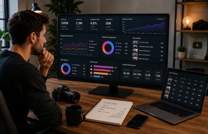 Creator reviewing content performance, audience engagement, and growth metrics across social channels