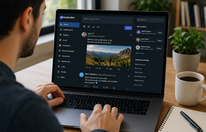 Individual browsing a privacy-focused social network on a laptop in a clean home office environment