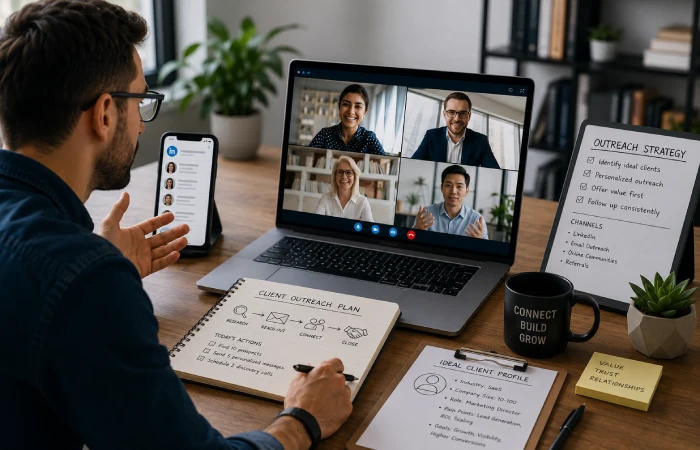 Consultant conducting virtual business meetings and networking through laptop and smartphone communications