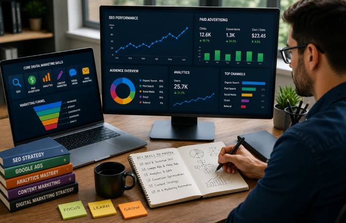 Marketing professional analyzing SEO, analytics, advertising, and digital strategy data across multiple screens