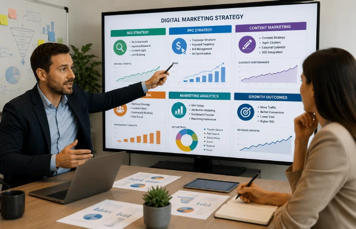 Consultant developing integrated digital marketing strategy across multiple channels
