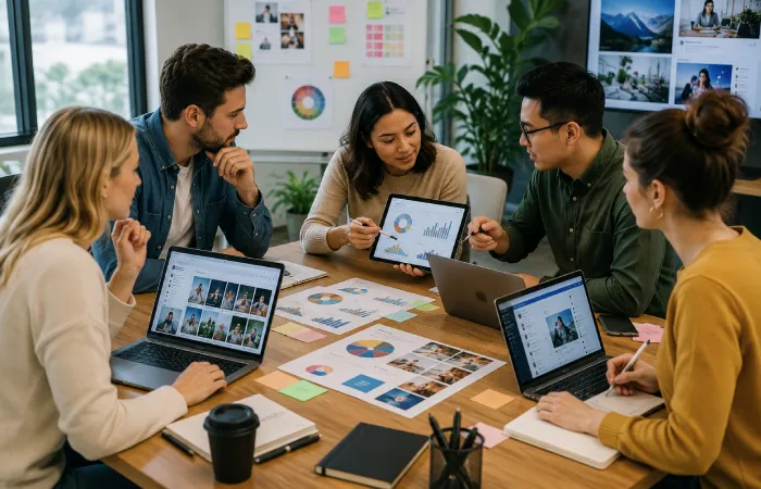 Marketing professionals managing multiple digital marketing channels