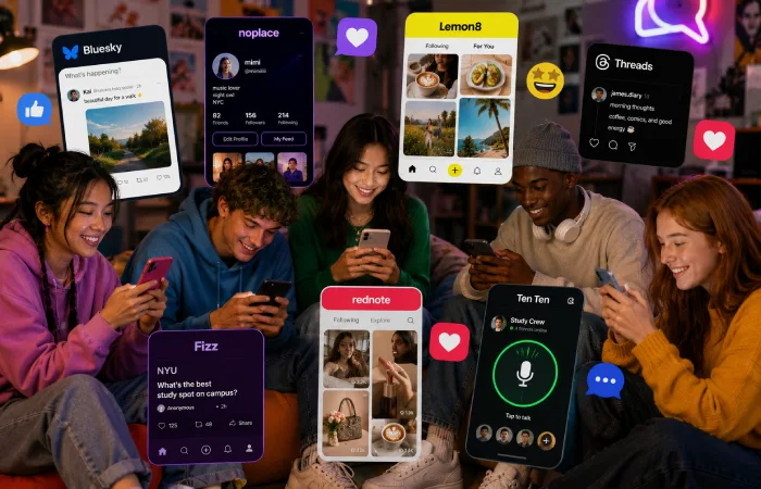 Diverse group of users engaging on multiple social platforms in a modern digital environment