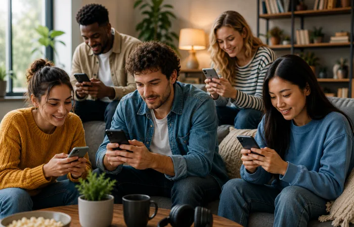 Young adults actively creating and consuming digital content across smartphones and tablets