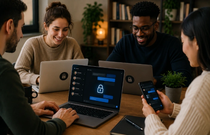 Small online community collaborating through secure communication tools on laptops and mobile devices