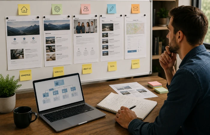 Website planning session showing homepage, service pages, blog, and contact page structure