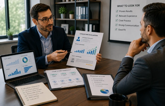 Business leader assessing marketing consultant credentials and performance data