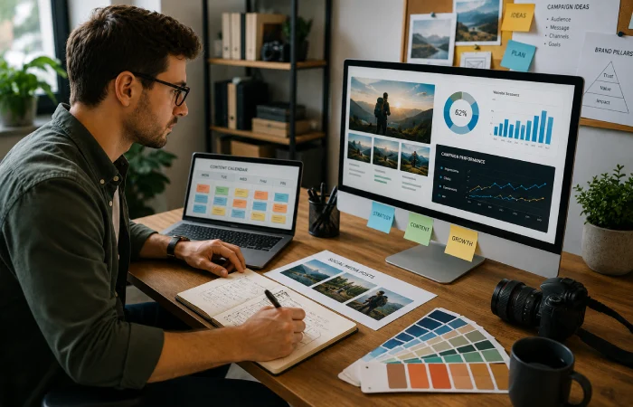 Freelance marketer creating campaign assets and marketing deliverables