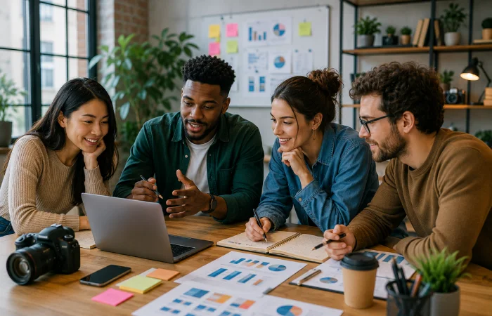 Modern digital workspace showing AI-powered content creation and mobile-first communication trends