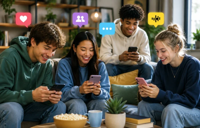 Young users interacting with smartphones while engaging in private and community-focused social networking