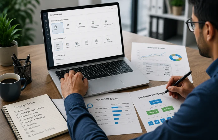 Setting up a Google Ads campaign on a laptop