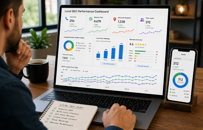 Business owner managing profile photos, reviews, and business information on a laptop