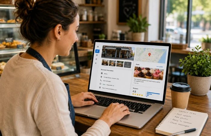 Business owner managing and updating a Google Business Profile for local visibility