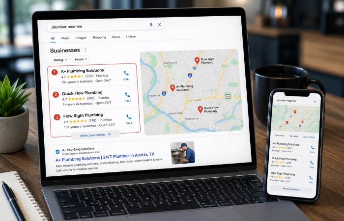 Business locations displayed on a digital map with local search results and ranking indicators